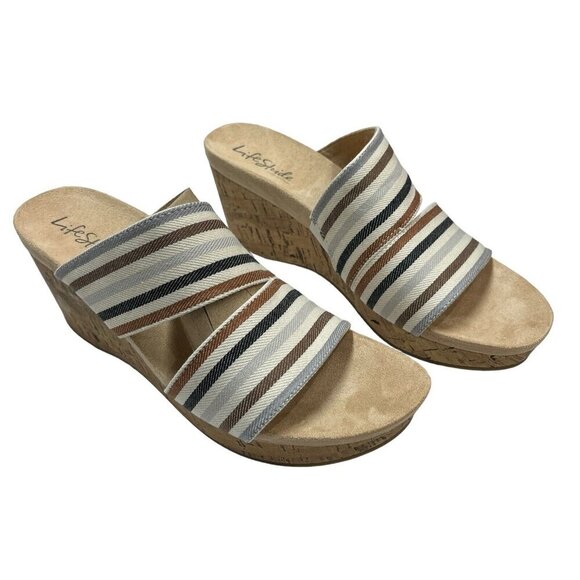 LifeStride Divine Womens 9 Wedge Slip On Sandals‎ Shoes Cork Canvas Multi Strip - Picture 1 of 10
